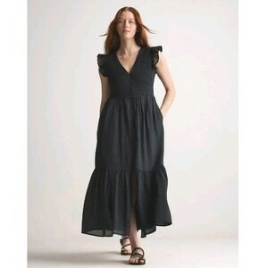 Quince Organic Textured Cotton Smocked V-Neck Black Midi Dress Size L Witchy